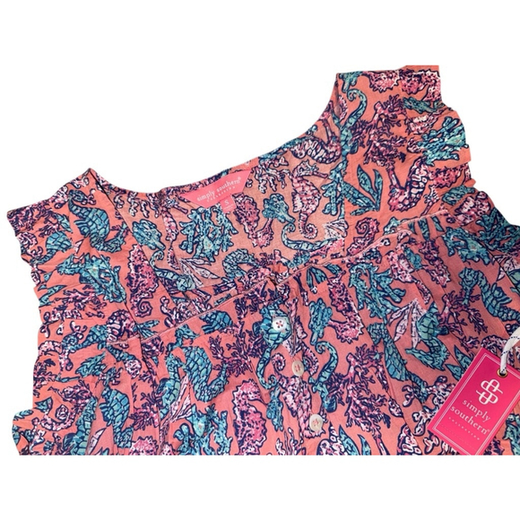 Simply Southern Women’s Sleeveless Ruffle Top, Coral/Seahorse Print, small - Picture 4 of 8